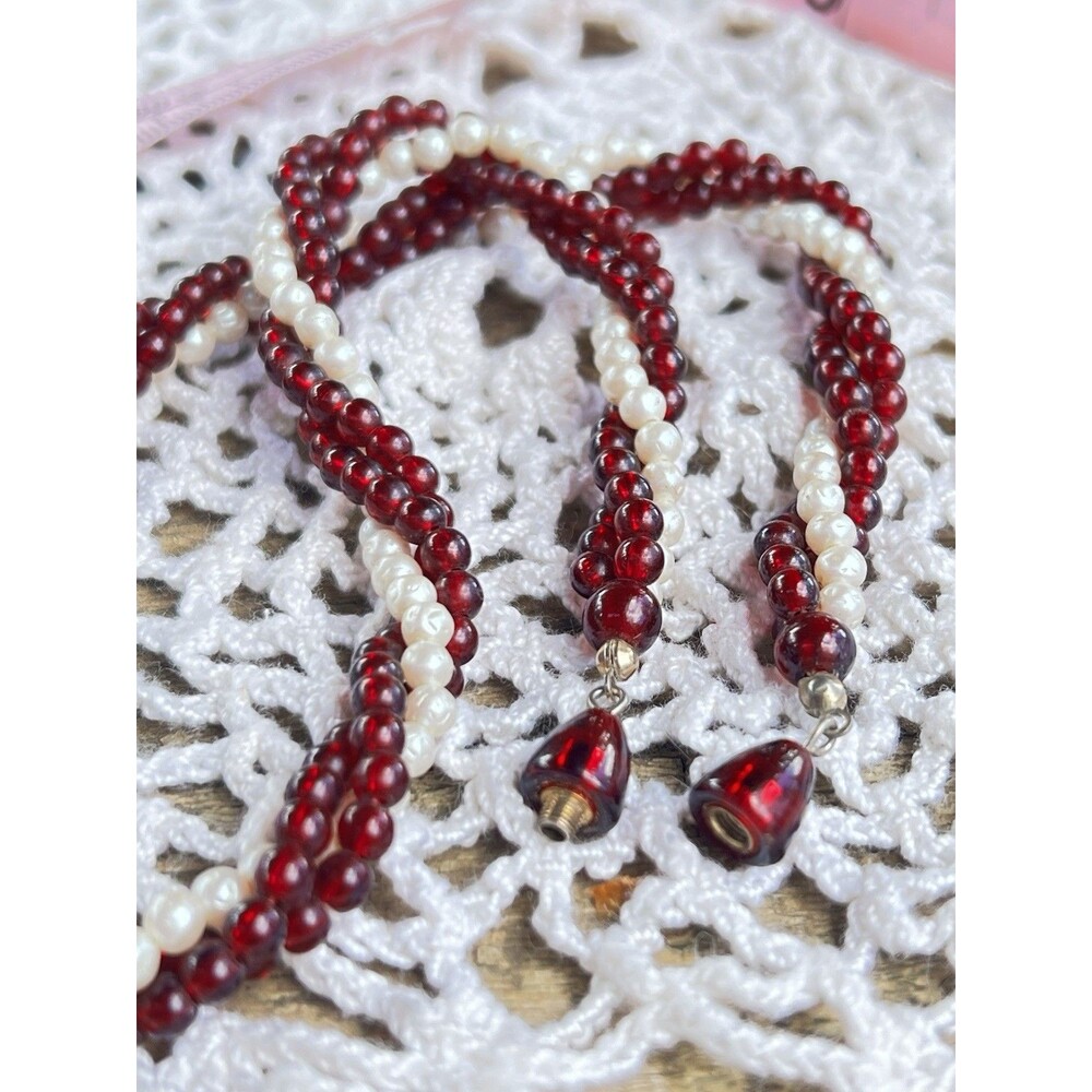 Vintage Twisted Cranberry Glass And Freshwater Seed Pearl Necklace Barrel Clasp